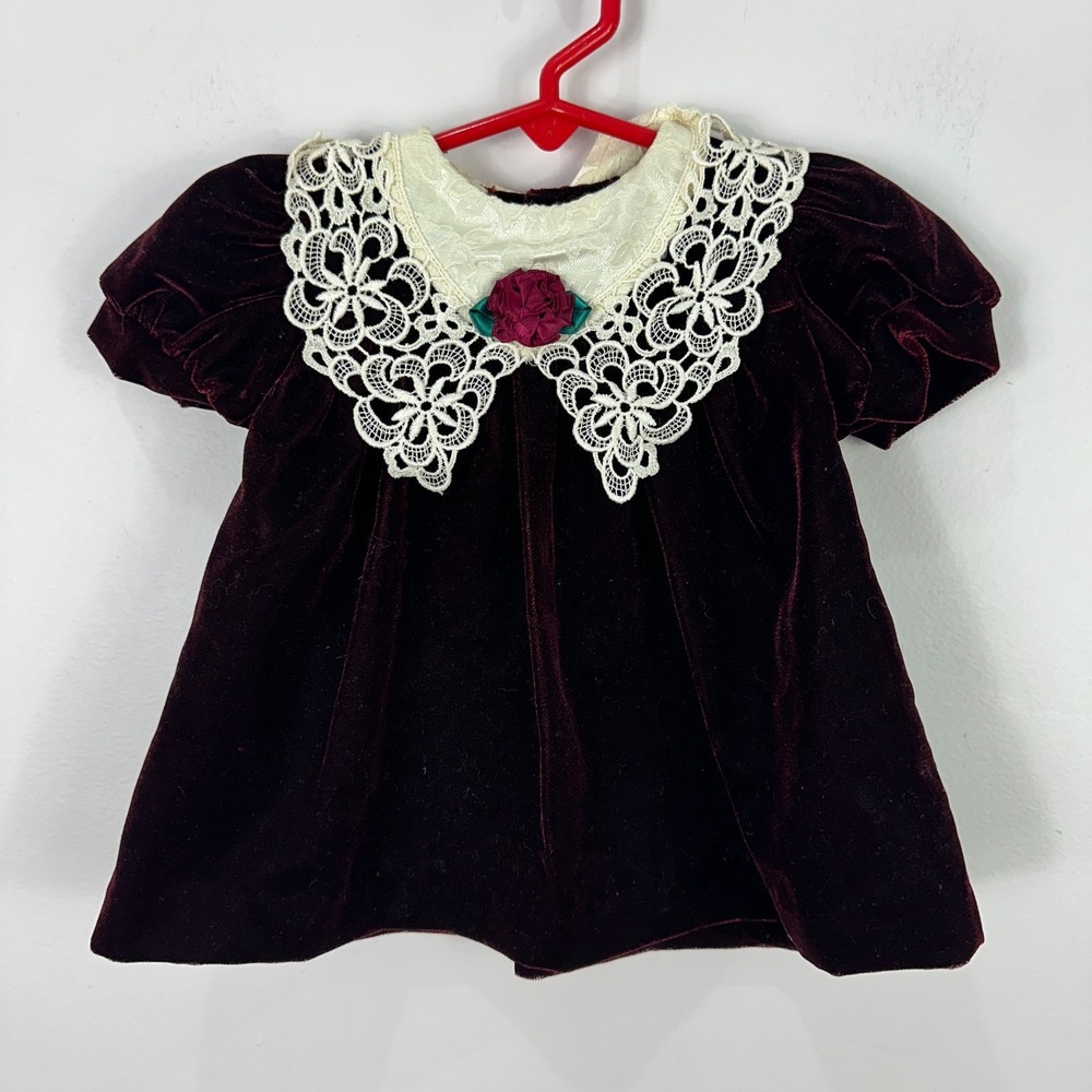 Vintage Peaches N Cream‎ Baby Dress 3-6M Burgundy Velvet Lace Collar